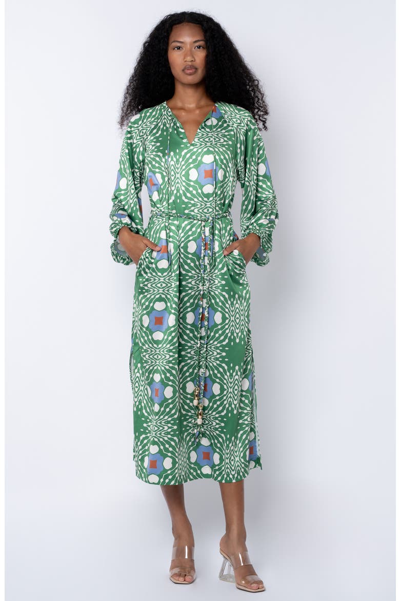 Jardin Abstract Print Long Sleeve Satin Dress, Alternate, color, GREEN MULTI