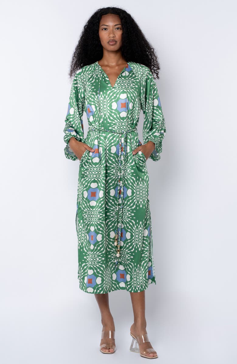 CIEBON Jardin Abstract Print Long Sleeve Satin Dress, Alternate, color, Green Multi
