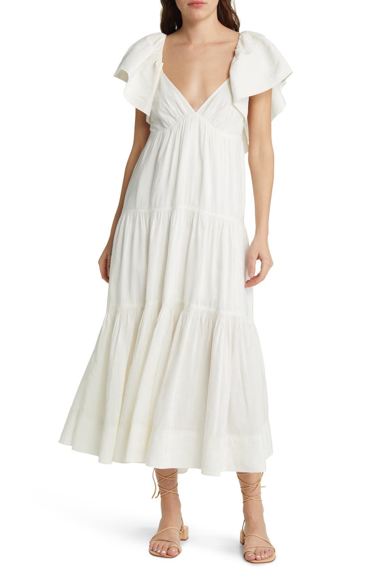 Ruffle Shoulder Open Back Linen Blend Midi Dress, Main, color, IVORY