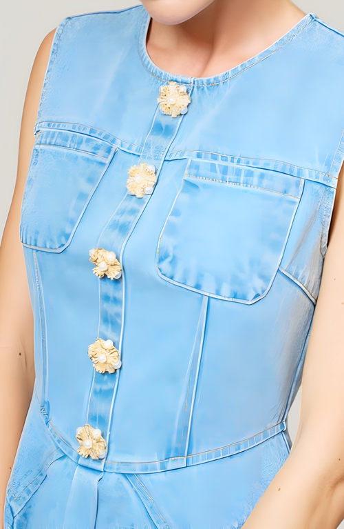 Modenaire Sleeveless Denim Mini Dress With Button Front And Flared Skirt In Blue