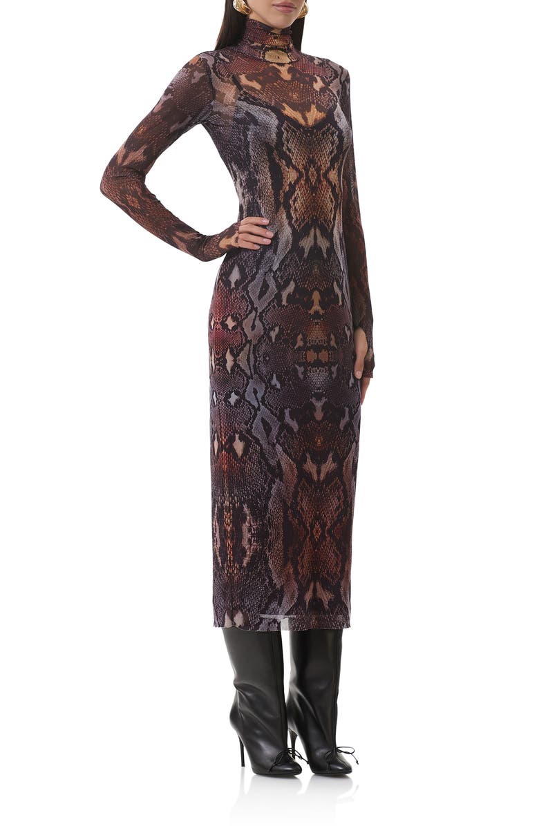 AFRM Shailene Print Long Sleeve Powermesh Body-Con Midi Dress, Alternate, color, Placed Umber Snake