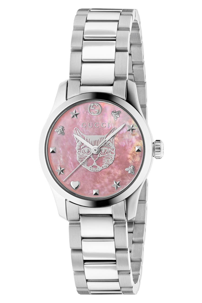 G-Timeless Feline Bracelet Watch, 27mm, Main, color, SILVER/ PINK