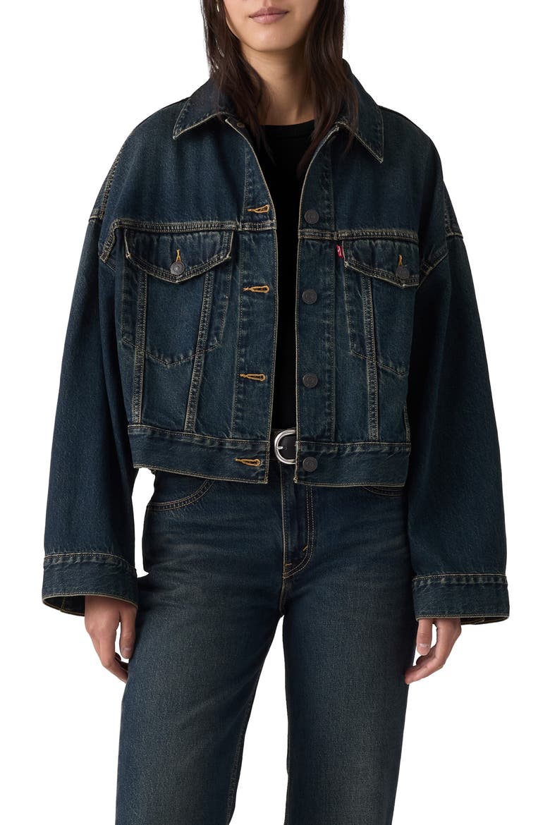 Loose Crop Denim Trucker Jacket, Main, color, HIGH VIBRATION TRUCKER