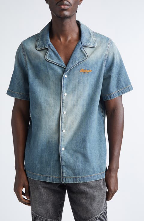 Short Sleeve Light Denim Pajama Shirt