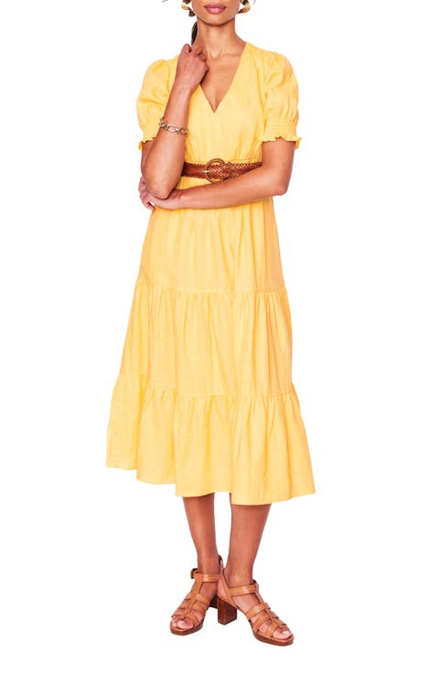 Anna Puff Sleeve Tiered Linen Midi Dress