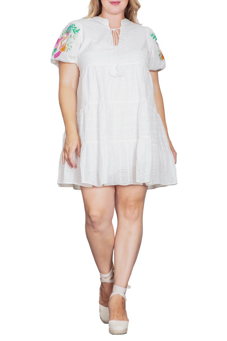 Embroidered Sleeve Cotton Eyelet Dress, Alternate, color, WHITE