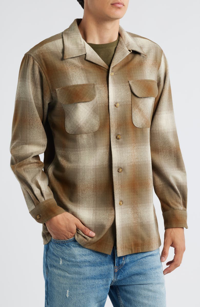 Pendleton Board Plaid Wool Flannel Button-Up Shirt, Alternate, color, Tan Mix/ Olive Ombre