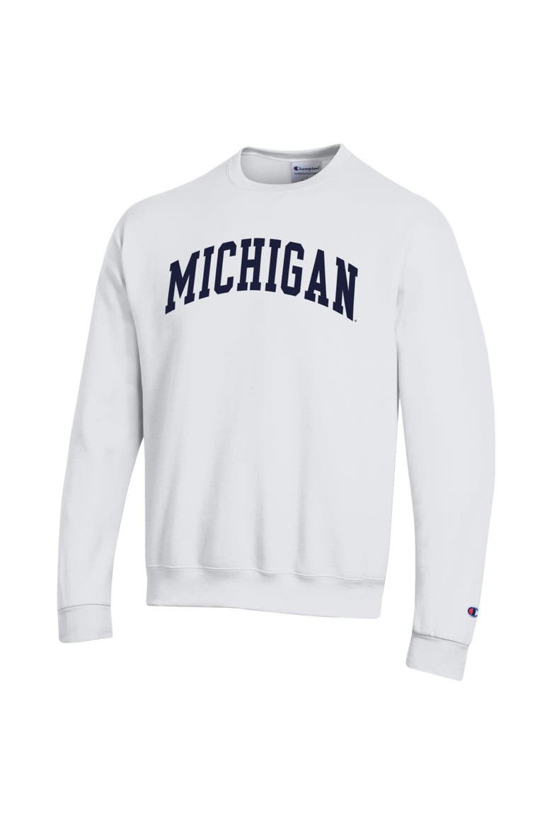 Men's Champion  White Michigan Wolverines Basic Arch Fleece Pullover Sweatshirt, Alternate, color, White