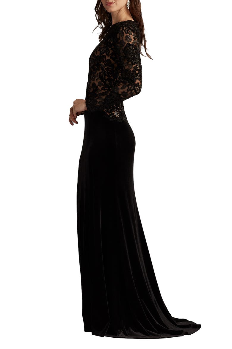 Embroidered Bodice Long Sleeve Gown, Alternate, color, BLACK/ BEIGE