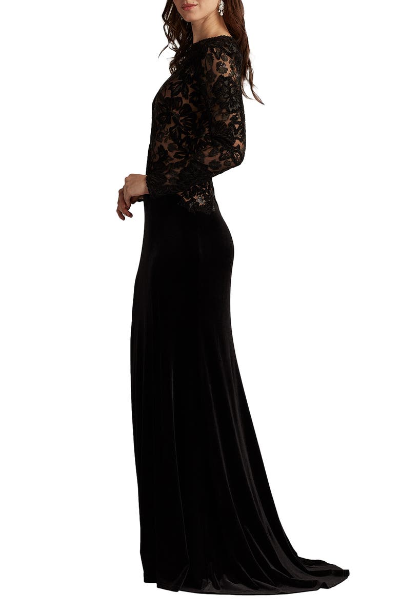 Tadashi Shoji Embroidered Bodice Long Sleeve Gown, Alternate, color, Black/ Beige