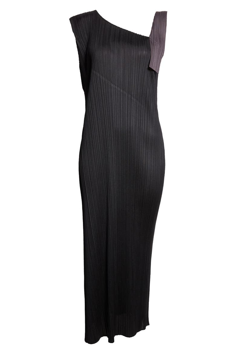Pointe Pleated Asymmetric Sleeveless Midi Dress, Alternate, color, BLACK