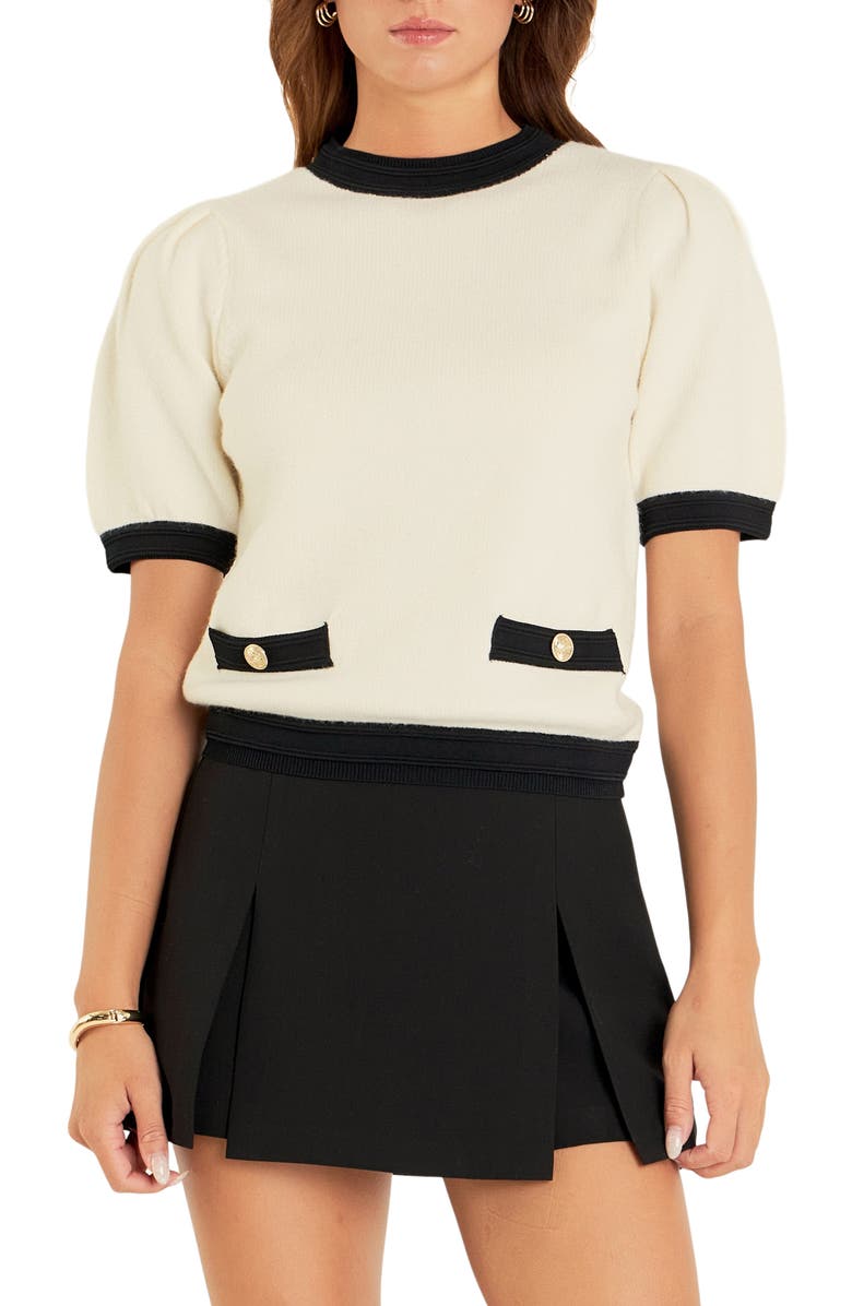 English Factory Puff Sleeve Sweater, Main, color, Off White/ Black