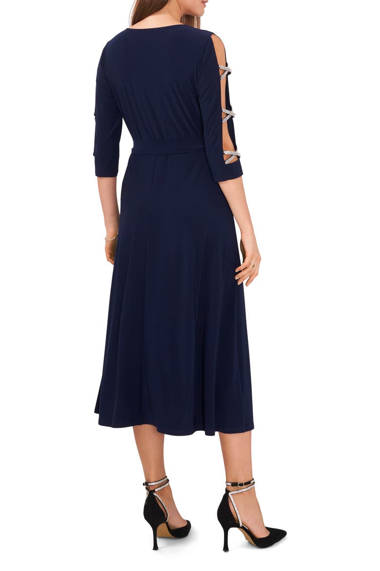 Rhinestone Sleeve Fit & Flare Midi Dress, Alternate, color, NAVY