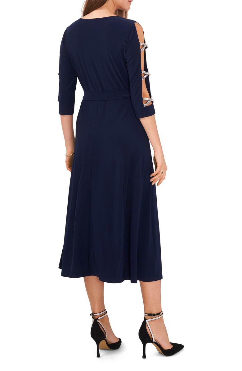 Chaus Rhinestone Sleeve Fit & Flare Midi Dress, Alternate, color, Navy