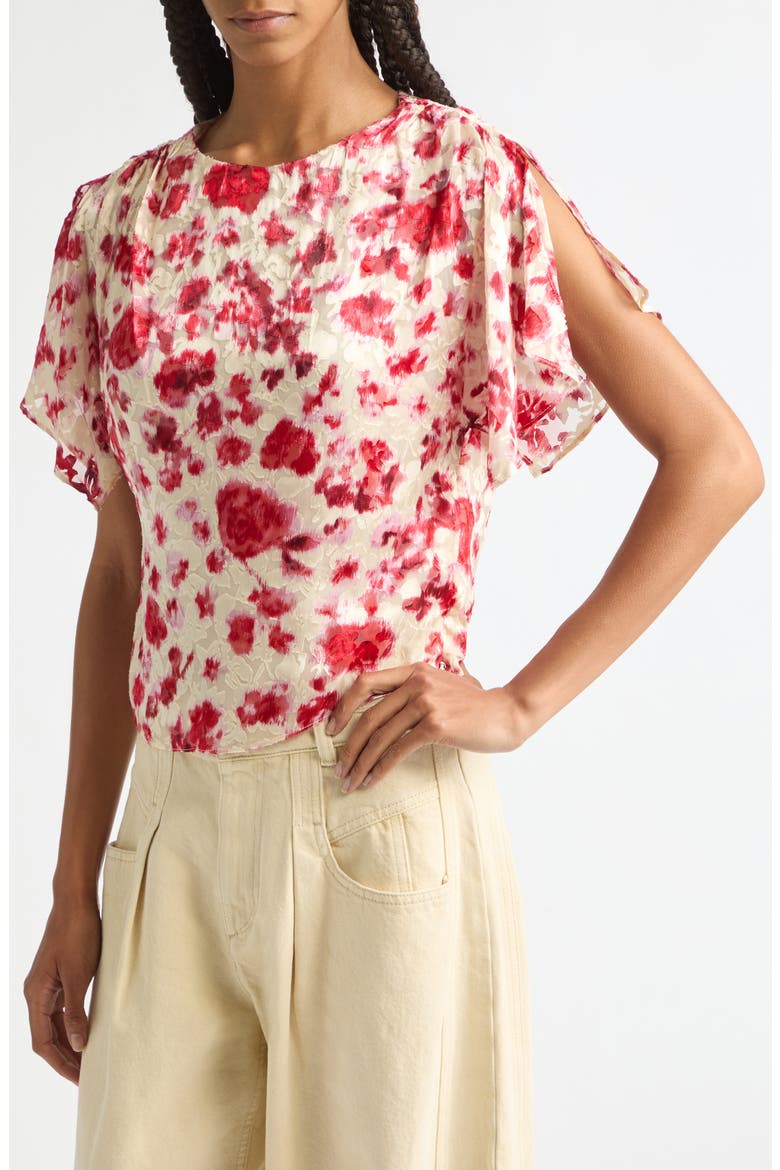 Hervane Floral Burnout Devoré Georgette Top, Alternate, color, ECRU/ PINK