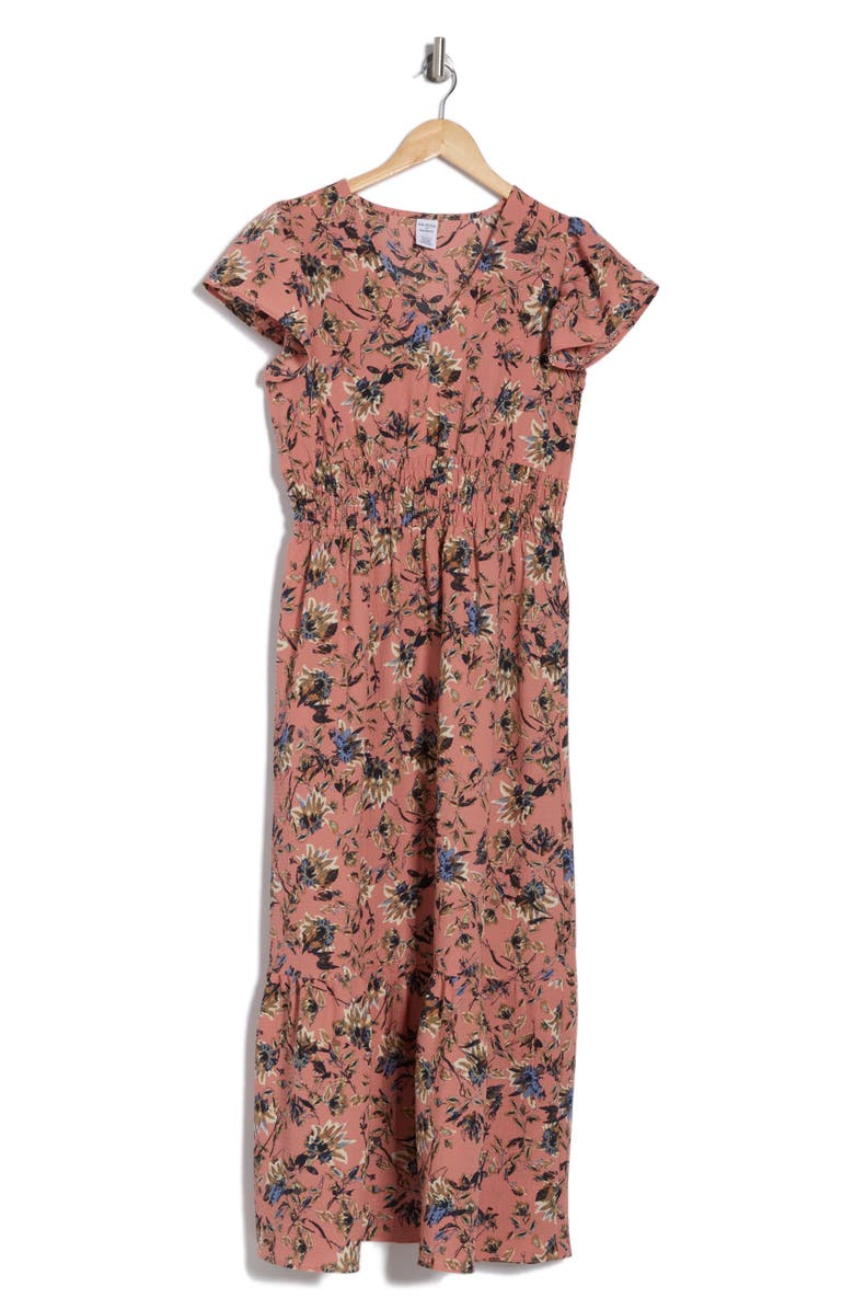 Melrose and Market Flutter Sleeve Smocked Waist Midi Dress, Alternate, color, Pink- Olive Essie Floral