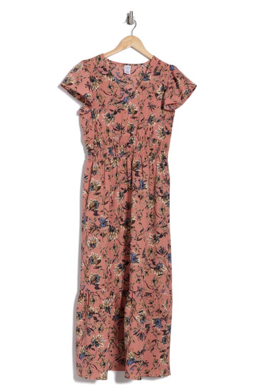 Melrose And Market Flutter Sleeve Smocked Waist Midi Dress In Pink- Olive Essie Floral