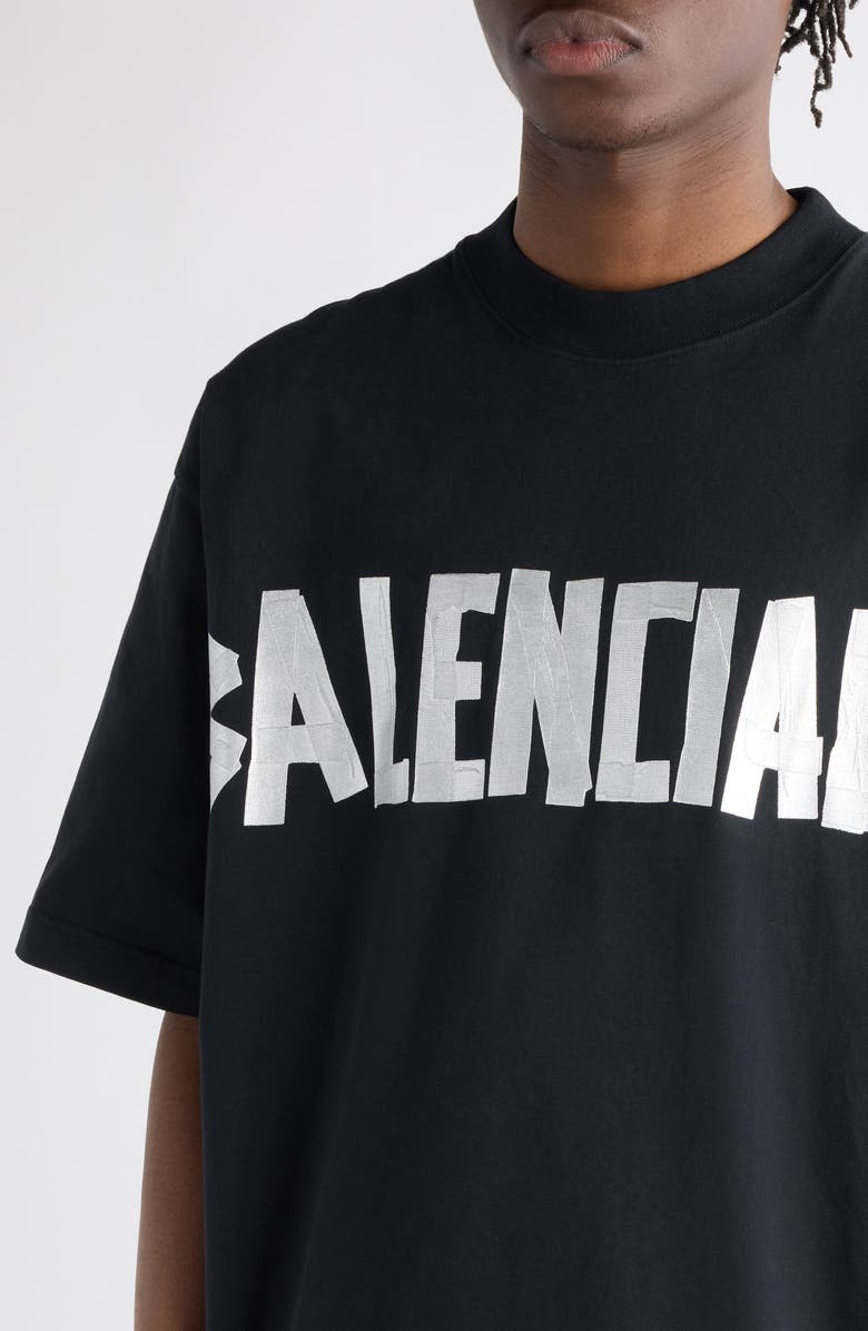 Balenciaga Distressed Tape Logo Cotton T-Shirt, Alternate, color, Faded Black/ Silver
