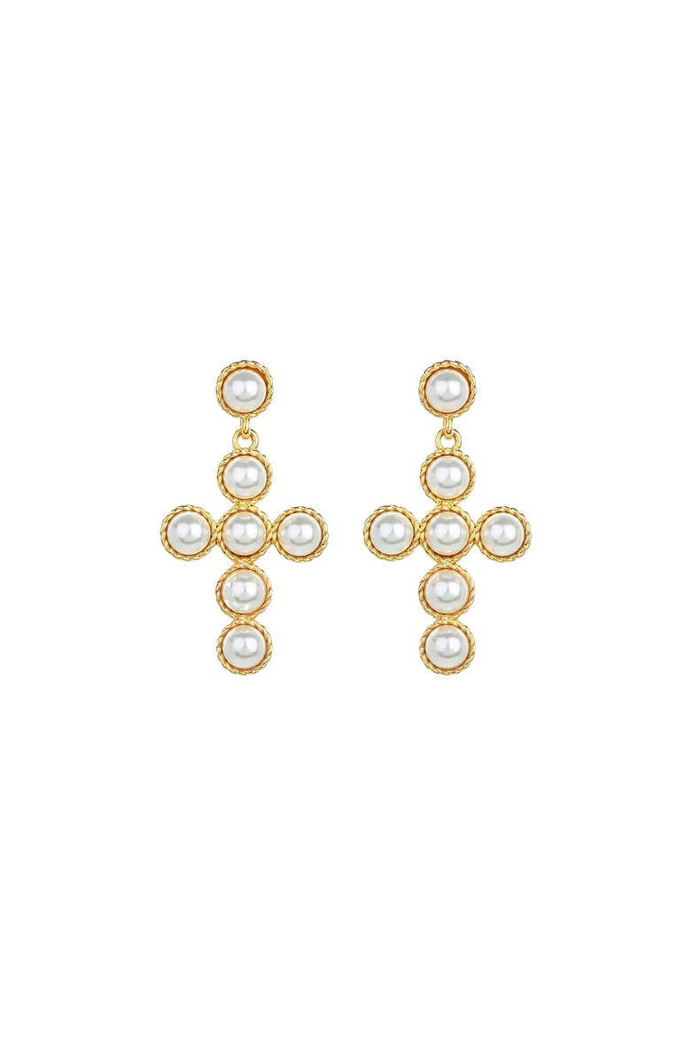 Sterling Silver 18k Gold Plated Victoria Cross Pearl Earrings Statement, Main, color, Gold