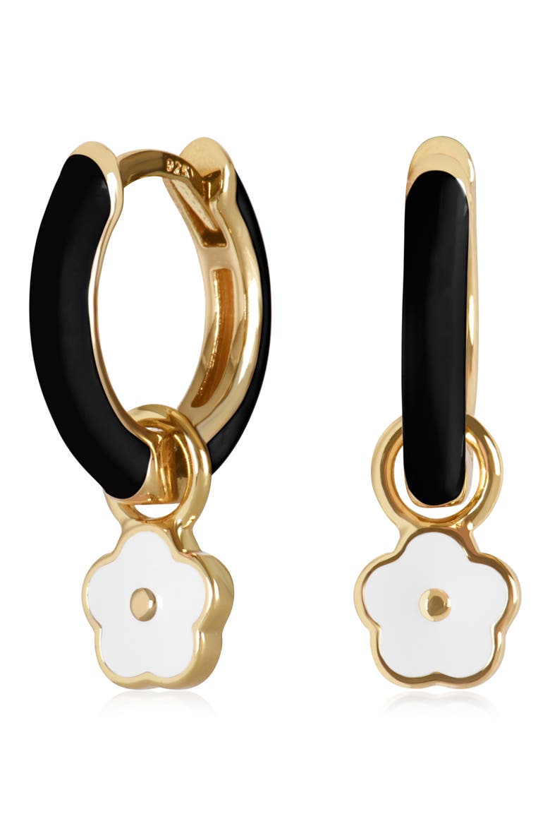 Flower Charm Enamel Huggie Hoop Earrings, Main, color, BLACK