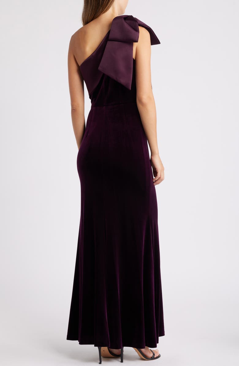 Eliza J One-Shoulder Bow Gown, Alternate, color, Aubergine