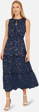 Yumi Foil Print Ruched Waist Midi Dress