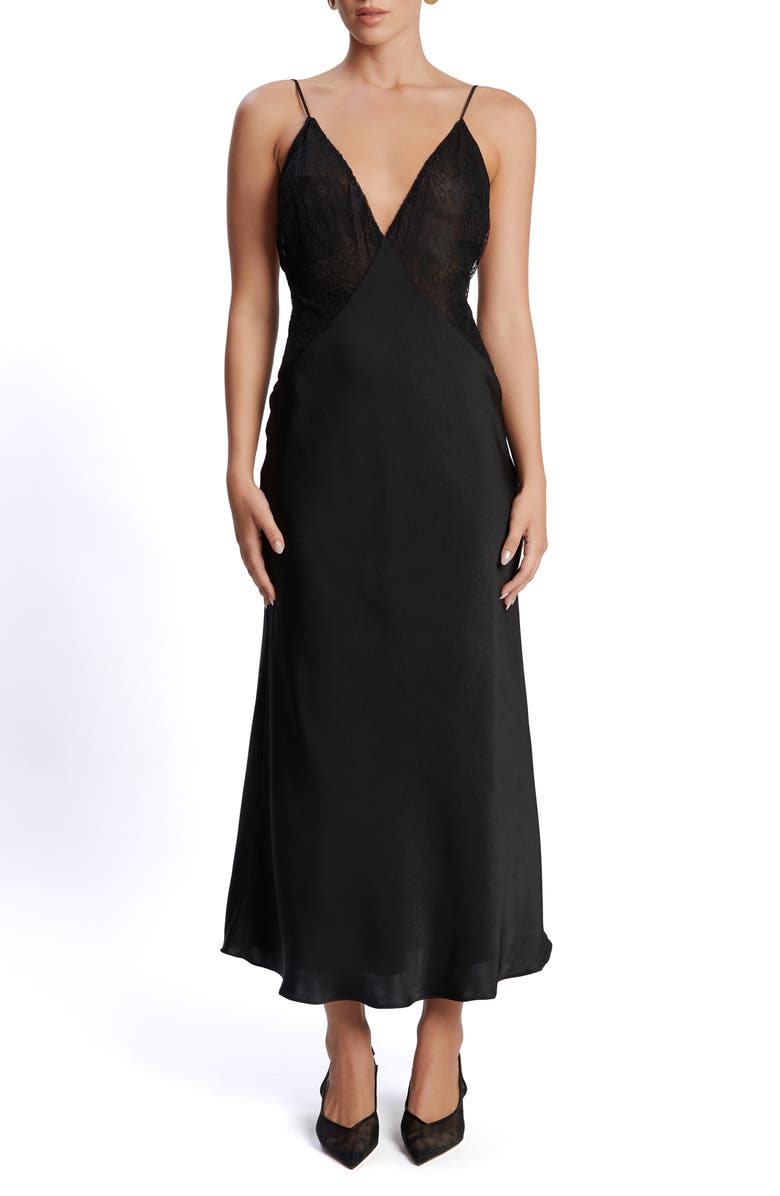 Bardot Vivianna Embroidered Lace & Satin Evening Dress, Main, color, Black