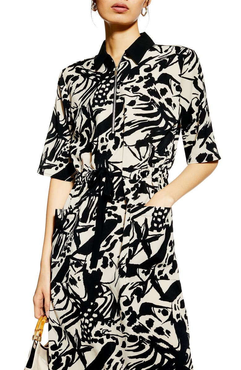 Topshop Front Zip Midi Shirtdress, Alternate, color,
