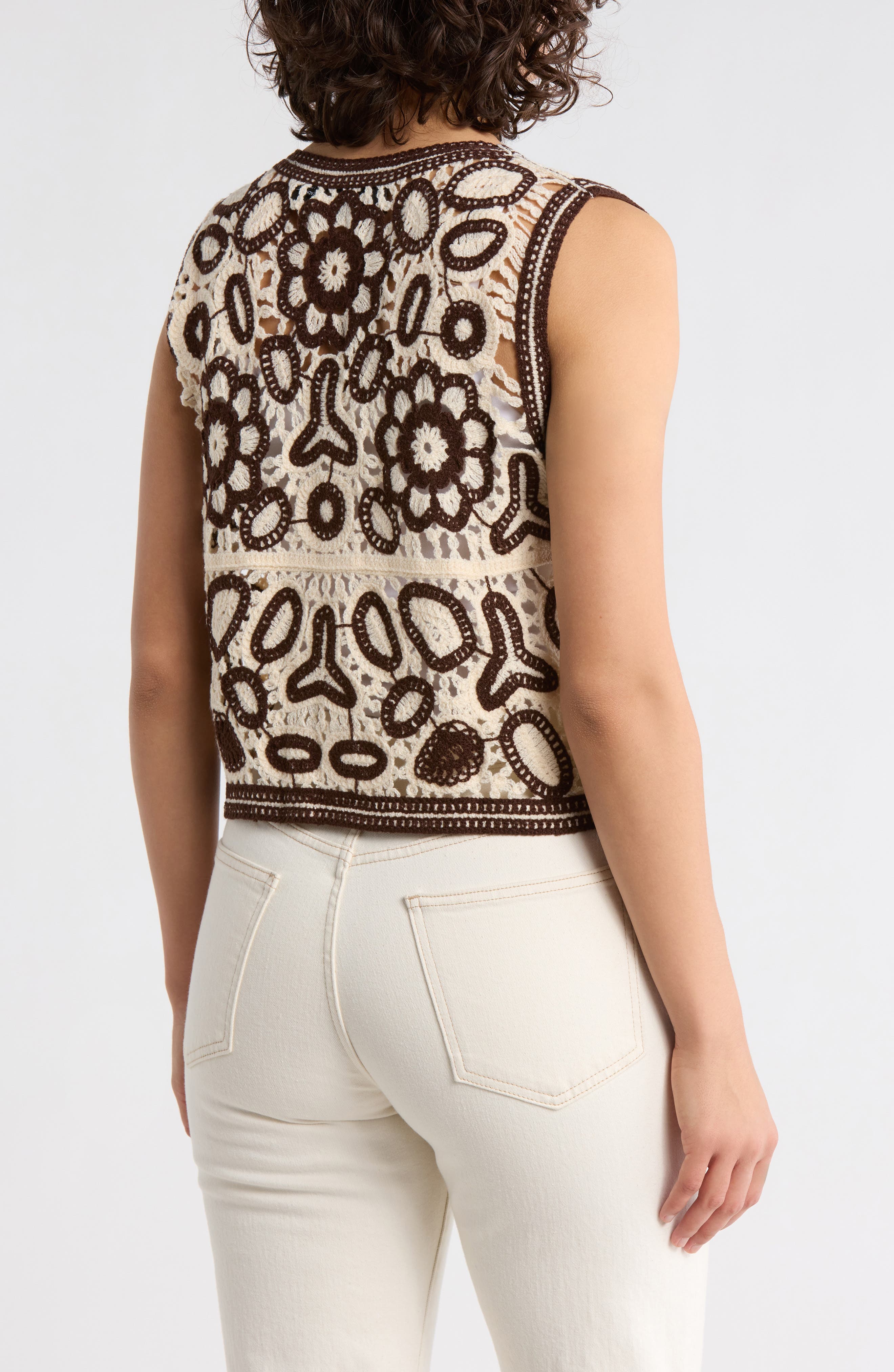 Floral Embroidered Open Knit Button Tank - image 4