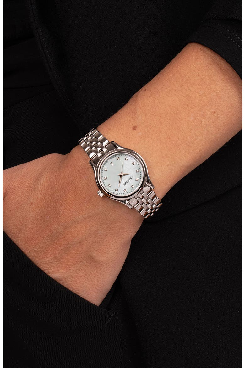 Beleganza Diamond & Mother-of-Pearl Bracelet Watch, 27.5mm, Alternate, color, MINT MOP STAINLESS STEEL