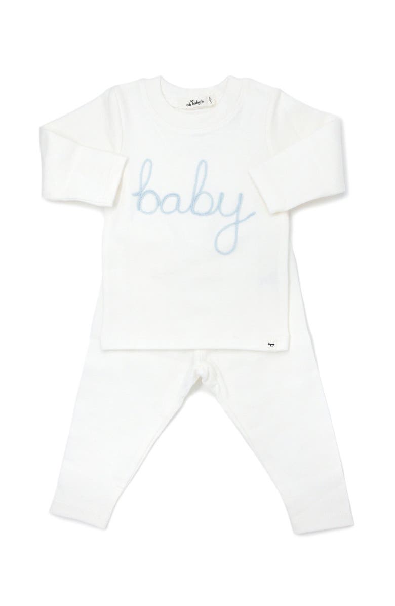 oh baby! "baby" Sky Blue Embroidered Two Piece Set, Main, color, Cream