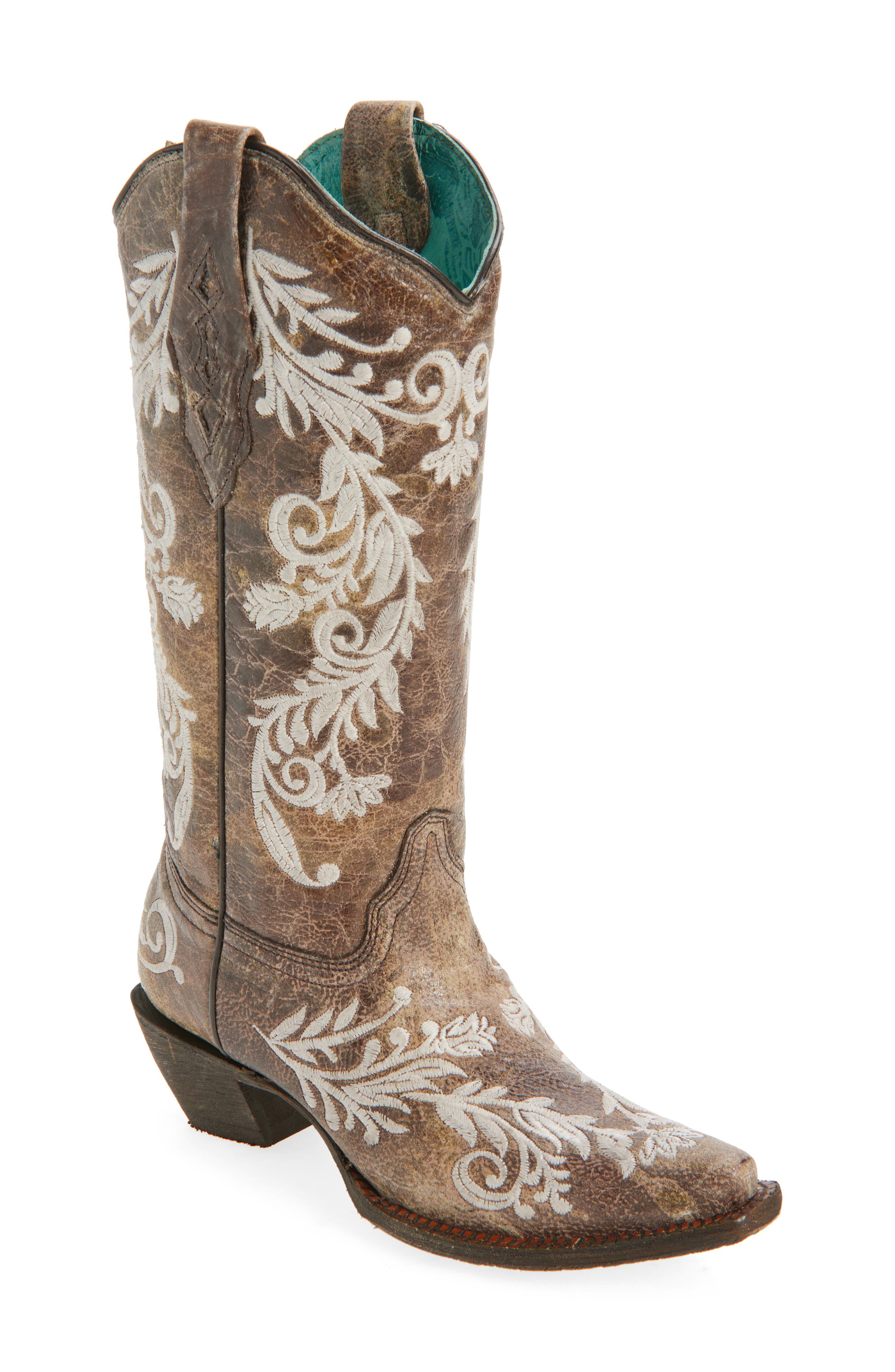 CORRAL Embroidered Crackled Mid Calf Western Boot, Main, color, 