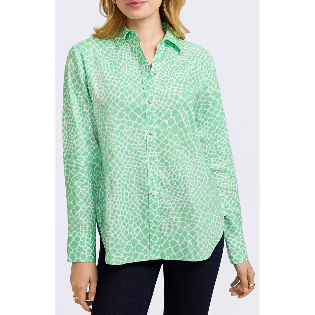 Foxcroft Meghan Giraffe Print Linen Blend Button-up Shirt In Green
