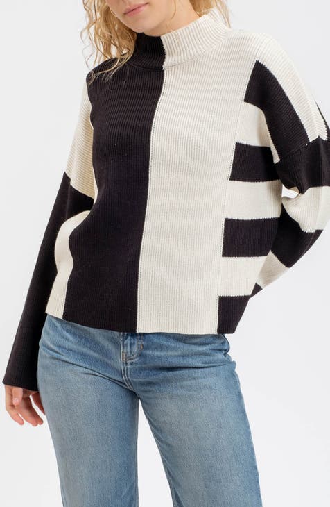 Stripe Colorblock Mock Neck Sweater