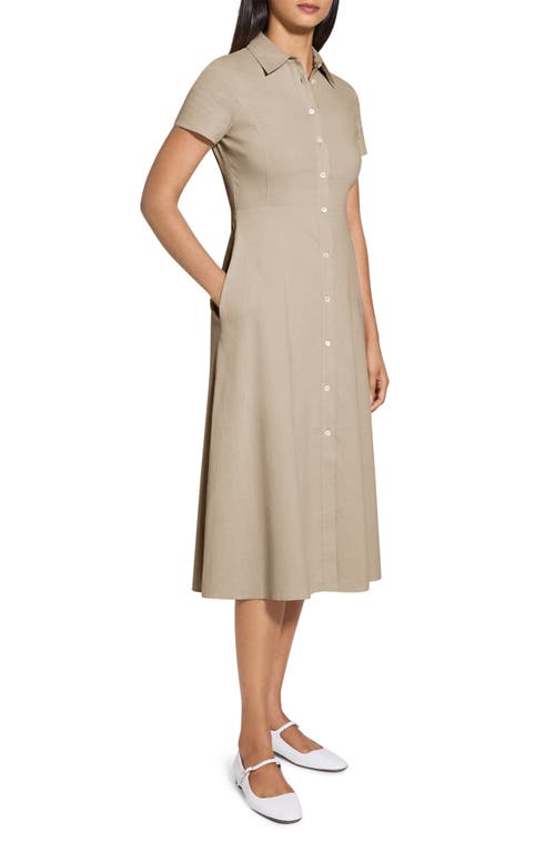 Theory Good Linen Short-sleeve Button-front Midi Shirt Dress In Soft Taupe