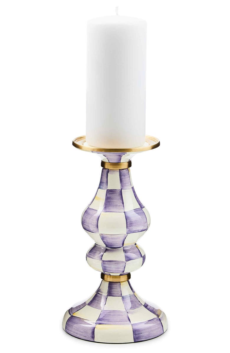 MACKENZIE CHILDS Violet Check Medium Pillar Candleholder, Alternate, color, Violet