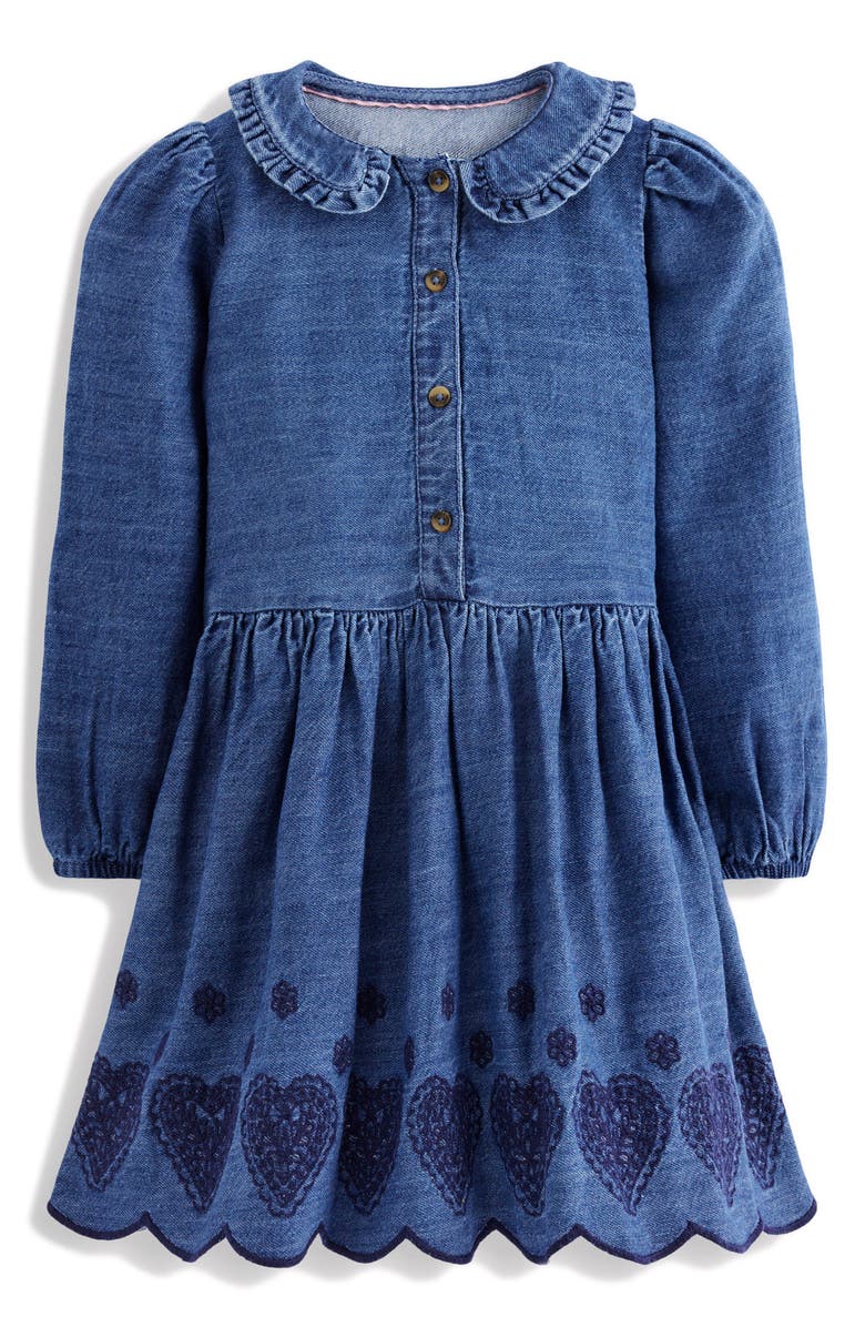 Mini Boden Kids' Embroidered Long Sleeve Denim Dress, Main, color, Mid Vintage Broderie Hearts