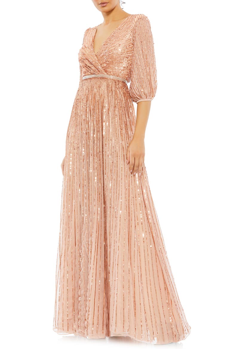 Sequined Wrap Over 3/4 Sleeve Gown, Main, color, APRICOT