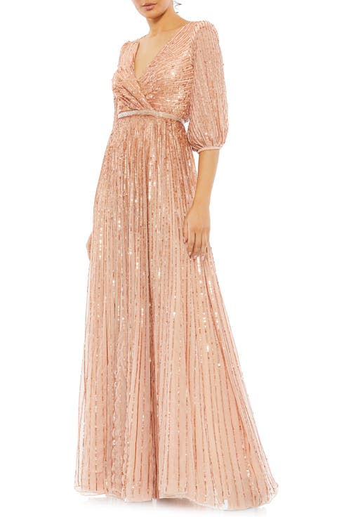 Sequined Wrap Over 3/4 Sleeve Gown