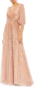 Mac Duggal Sequined Wrap Over 3/4 Sleeve Gown