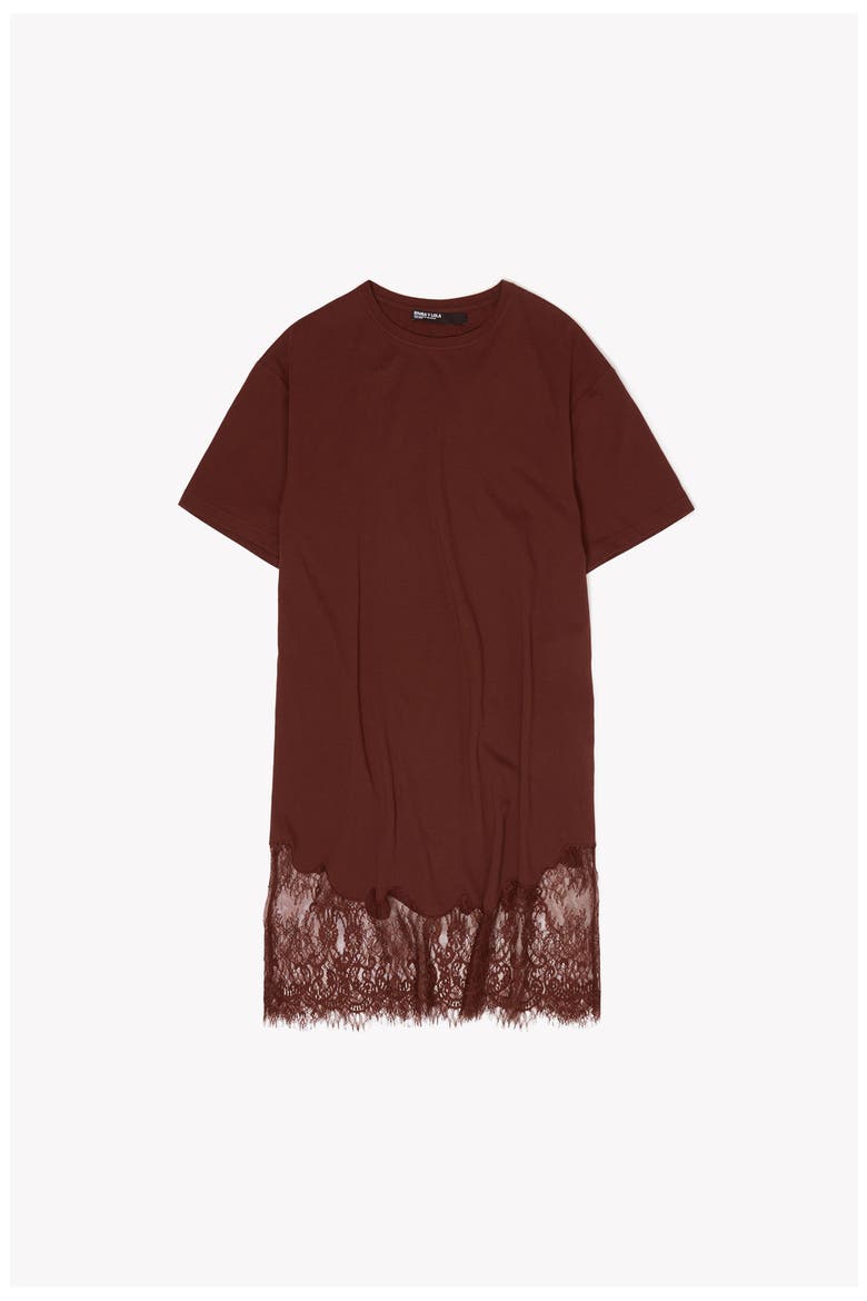 Short Lace T-Shirt Dress, Alternate, color, BROWN