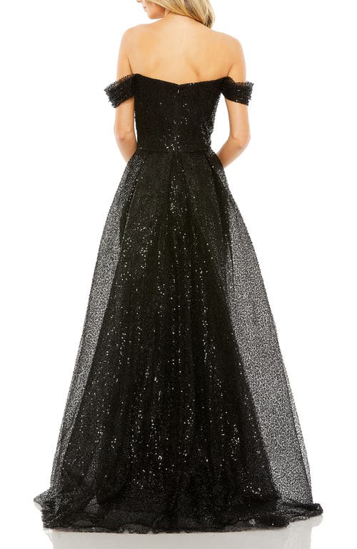 Mac Duggal Off The Shoulder Sequin Panel Train Gown In Black