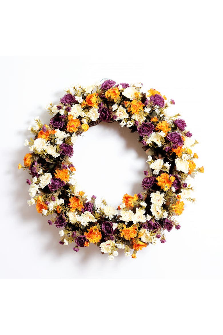 Mini Mum Gold, Purple, and Ivory Front Door Fall Floral Autumn Wreath, Main, color, Purple