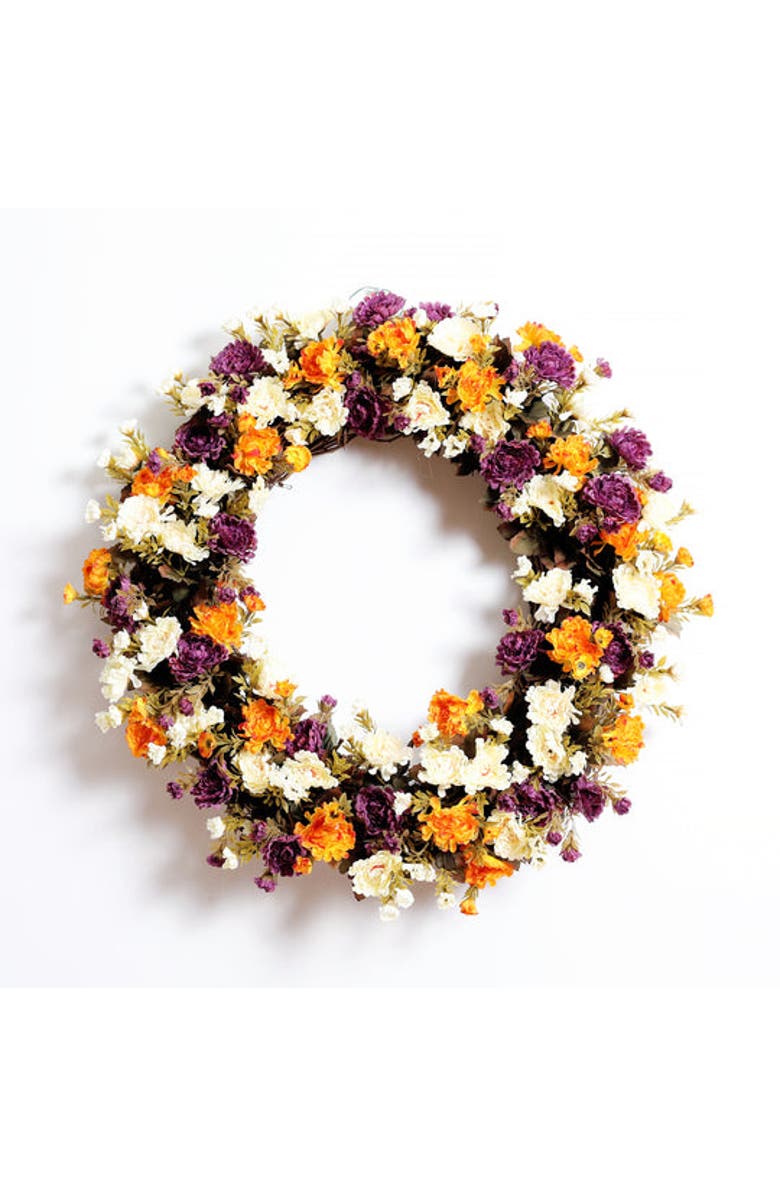 Darby Creek Trading Mini Mum Gold, Purple, and Ivory Front Door Fall Floral Autumn Wreath, Main, color, Purple