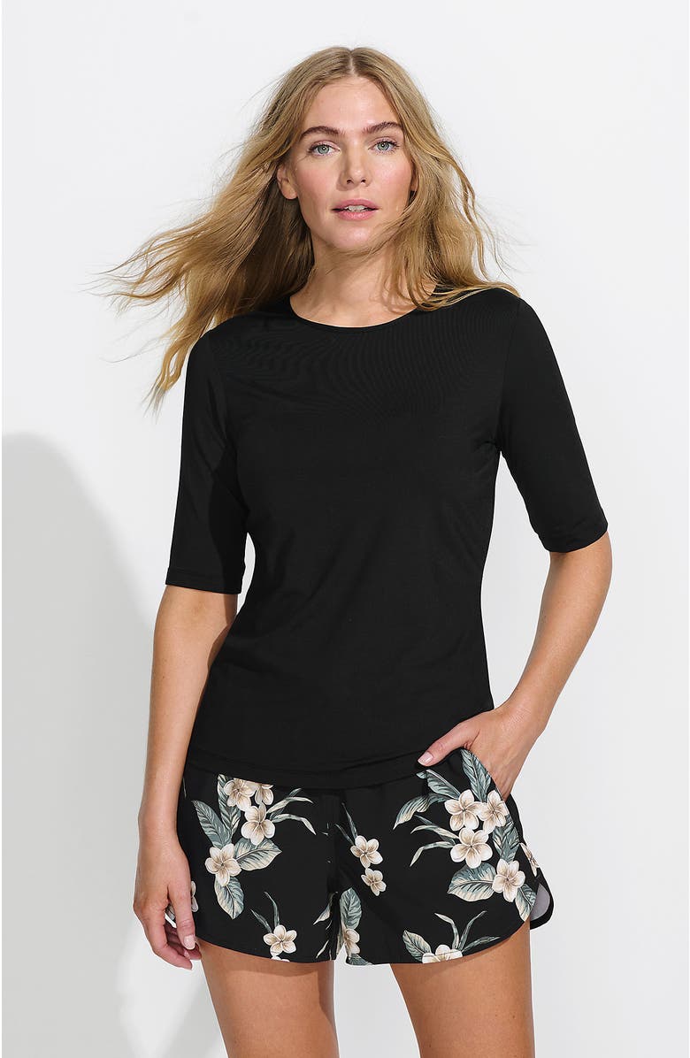 Lands' End SunShade UPF 50 Elbow Sleeve Relaxed Rash Guard, Main, color, Black