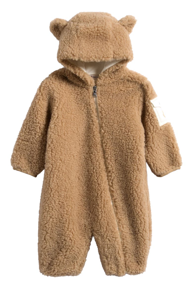 Hooded Teddy Bear High Pile Fleece Zip Romper, Main, color, BROWN
