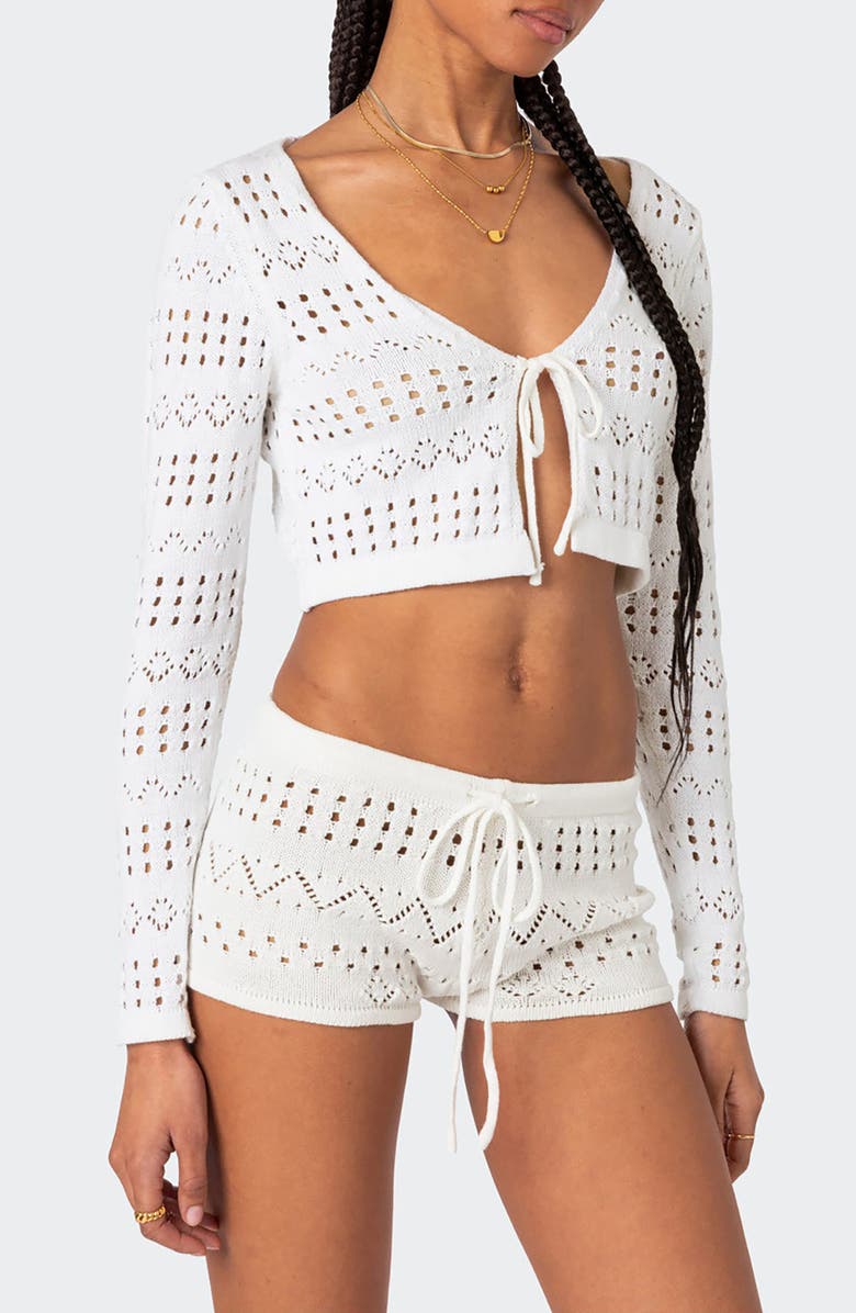 EDIKTED Betsy Open Stitch Tie Front Crop Cardigan, Alternate, color, White