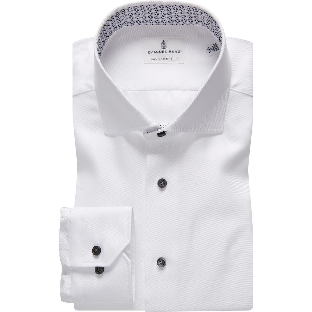 Emanuel Berg Modern Fit Solid White Cotton Twill Dress Shirt In White