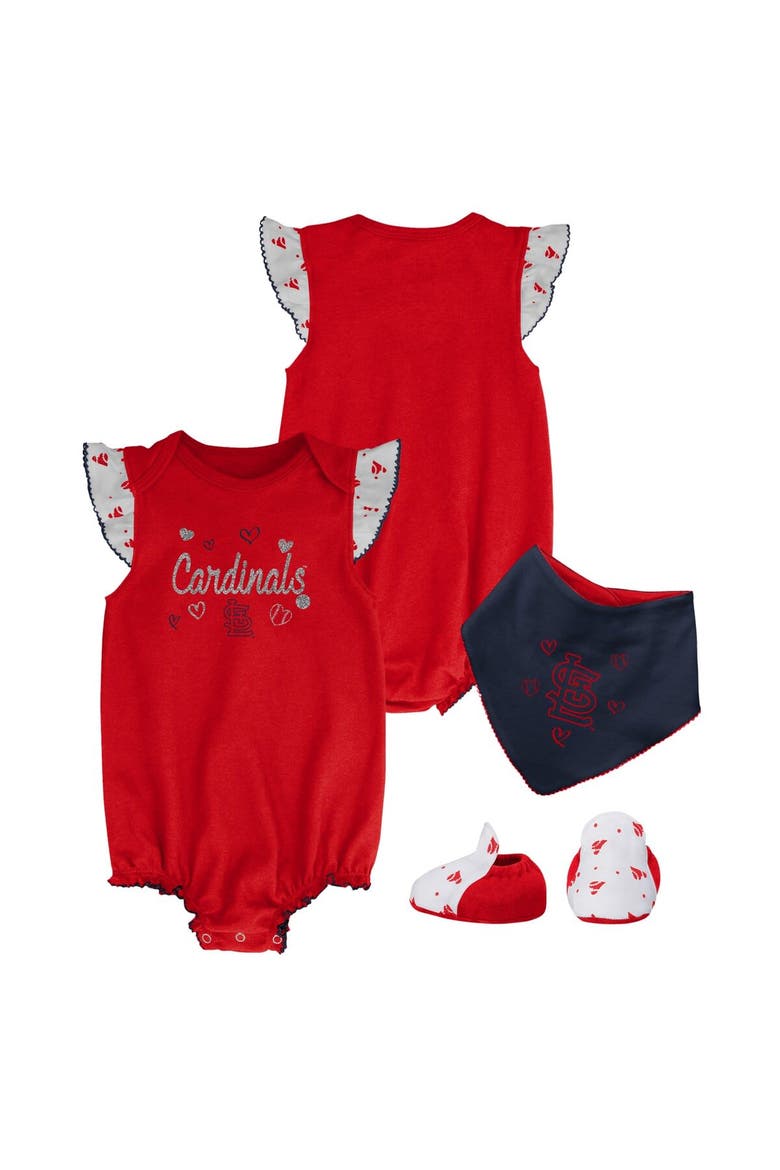 Girls Newborn & Infant Red St. Louis Cardinals 3-Piece Home Plate Bodysuit Bib & Booties Set, Main, color, Red