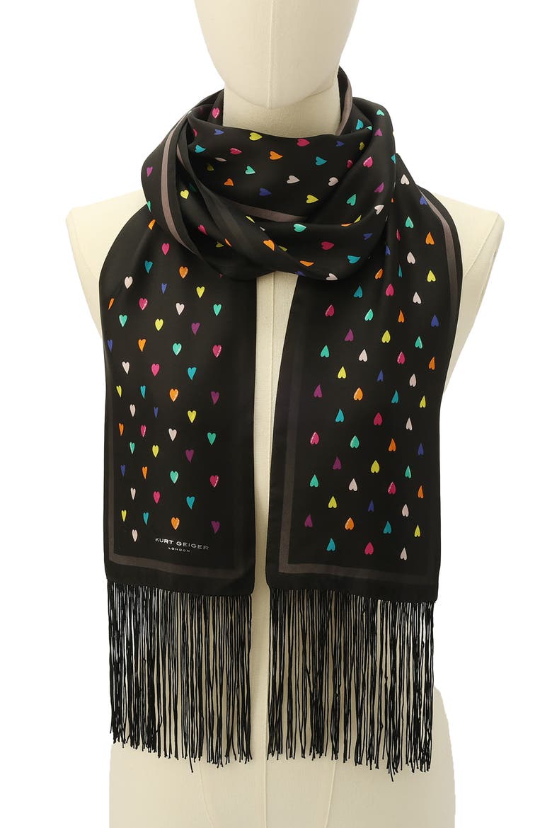 Rainbow Heart Print Party Fringe Silk Scarf, Alternate, color, CLASSIC RAINBOW